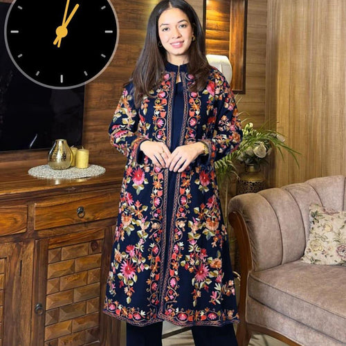 3 Pcs Women's Stitched Gown Suit in Embroidered Shamoz Silk - Blue