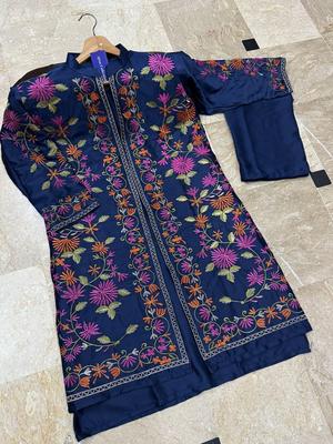3 Pcs Women's Stitched Gown Suit in Embroidered Shamoz Silk - Blue