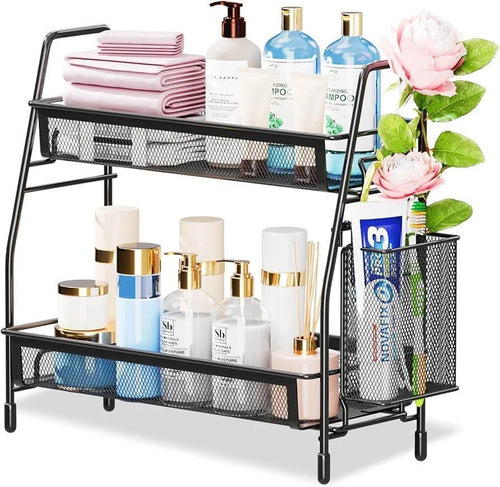 Tier Bathroom Counter Organizer Rack – Black Metal Storage Shelf with Side Basket