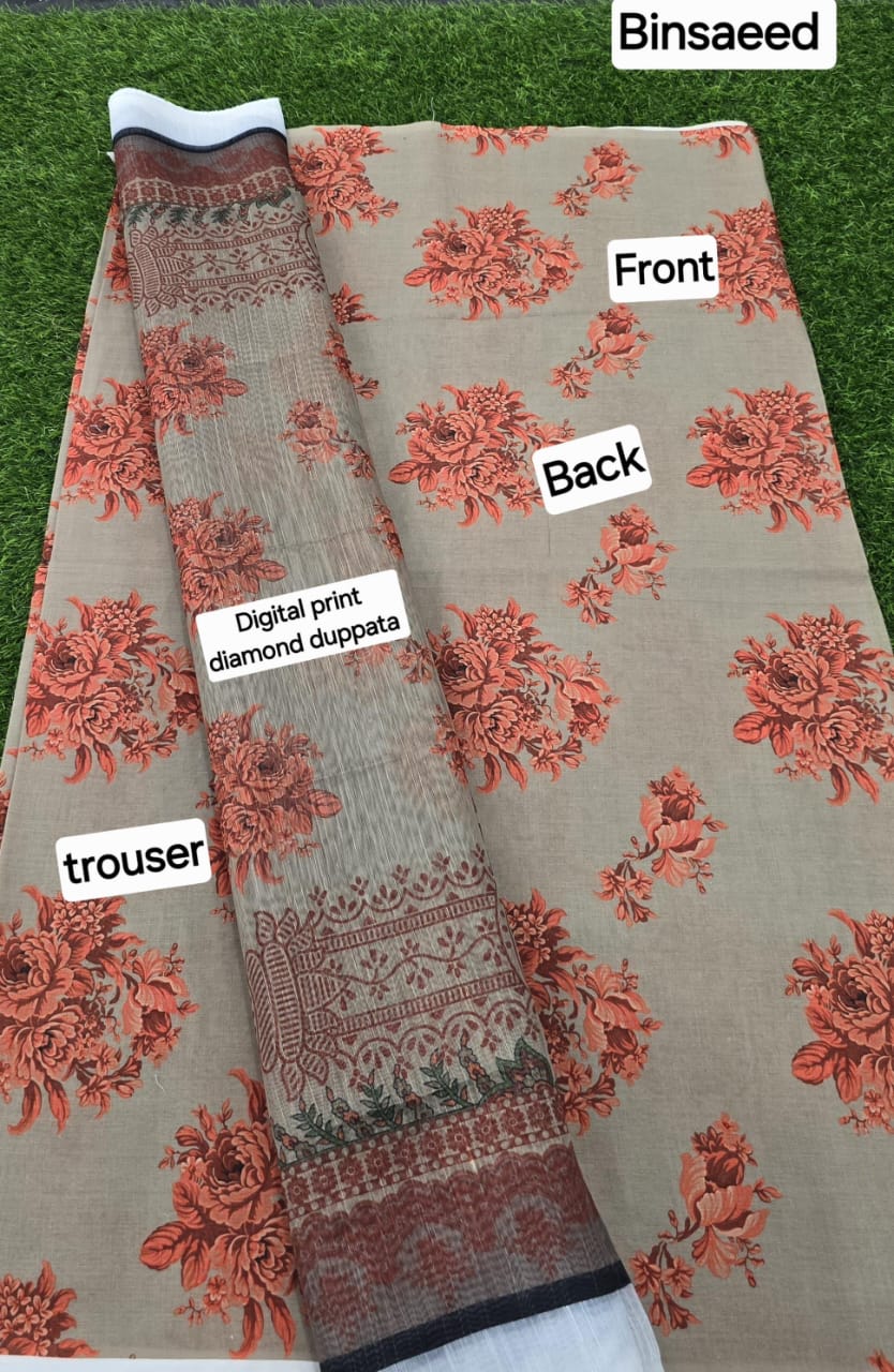 3pc Fabric Lawn Digital Printed Lawn Shirt Digital Printed Diamond Duppata Digital Printed lawn trouser