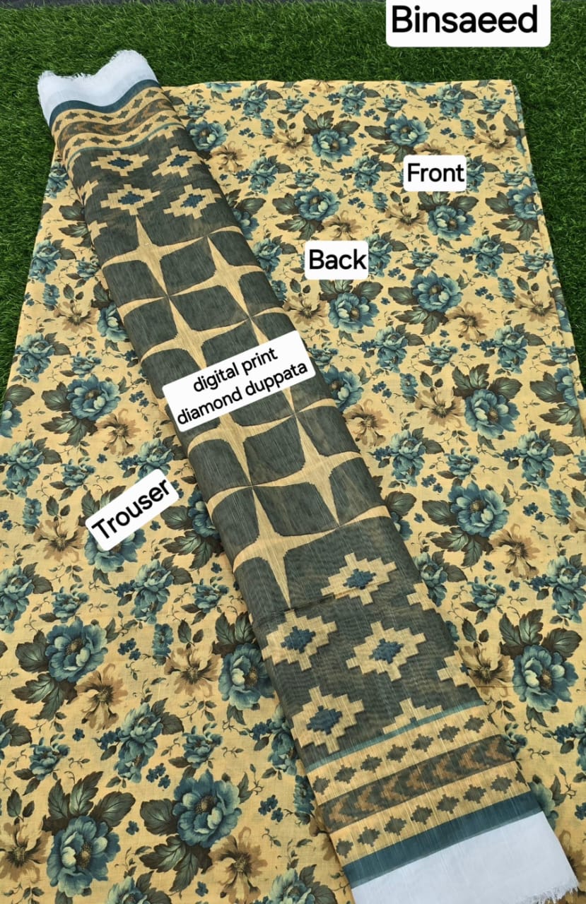 3pc Fabric Lawn Digital Printed Lawn Shirt Digital Printed Diamond Duppata Digital Printed lawn trouser