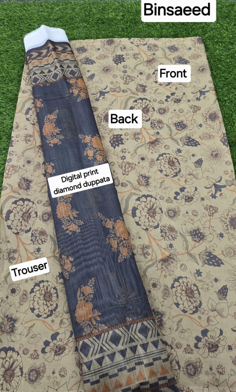 3pc Fabric Lawn Digital Printed Lawn Shirt Digital Printed Diamond Duppata Digital Printed lawn trouser
