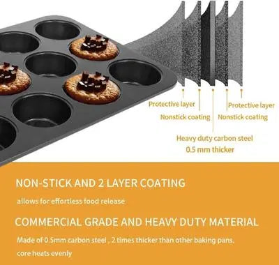 6-Cup Non-Stick Muffin Pan – Heavy Duty Carbon Steel Cupcake Baking Tray
