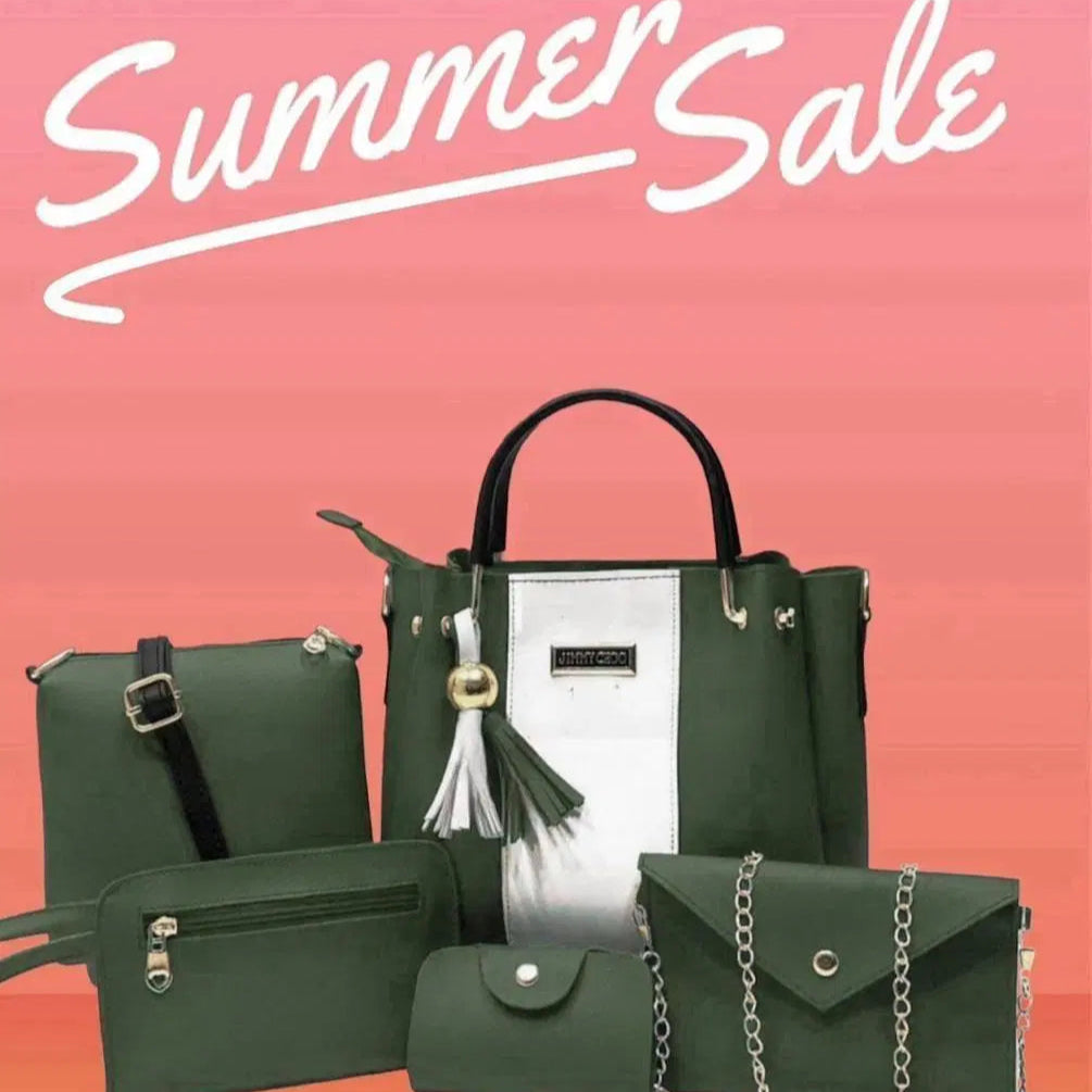Chic Women's Rexine Hand Bag Set - 5 Pcs in Elegant Green